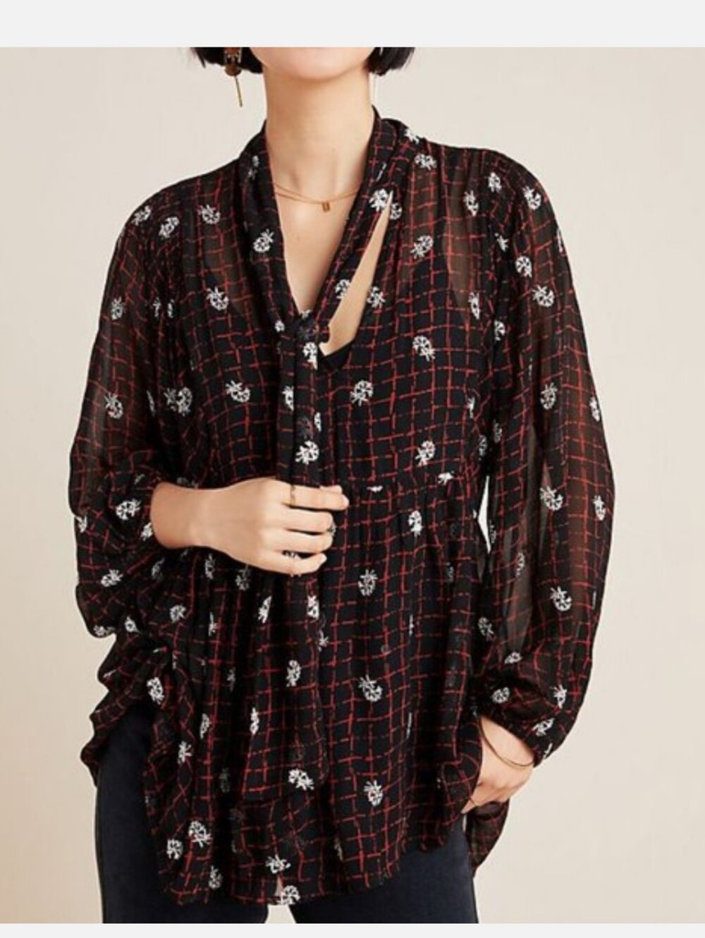 Anthropologie Not So Serious Sheer Tie Blouse Women's M Long Sleeve Boho - Picture 2 of 7